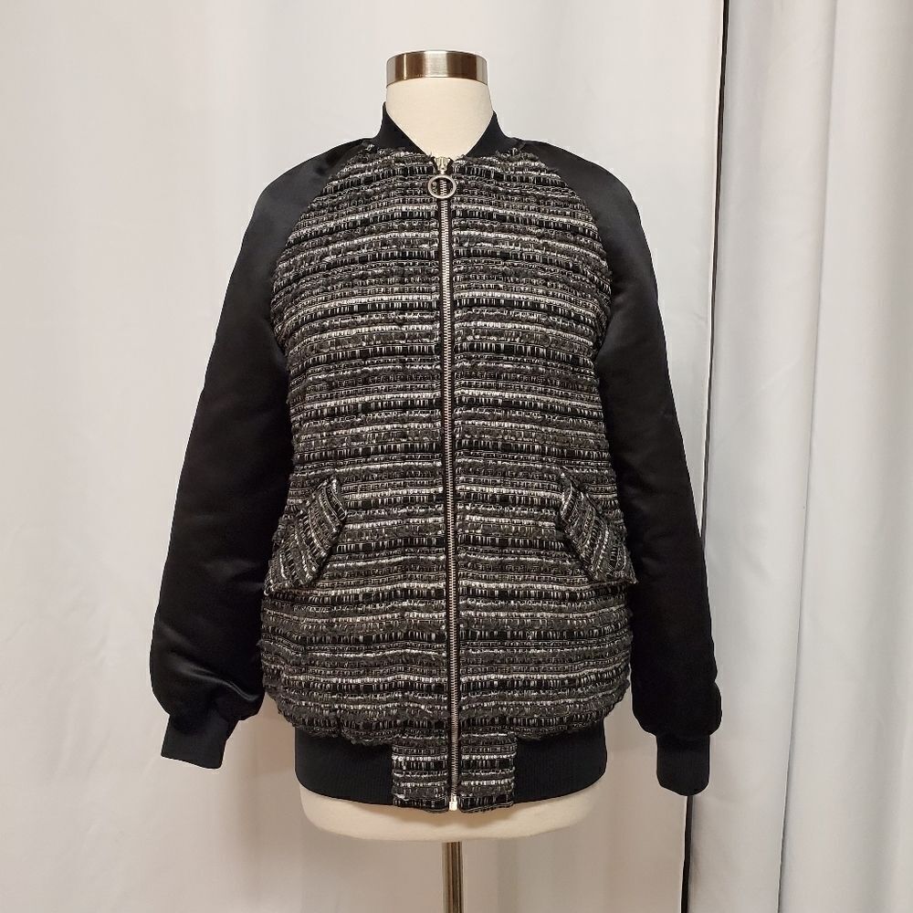 Pinko Black White Boucle Tweed Satin Fiumefreddo Fantasia Zip Bomber‎ Jacket 2